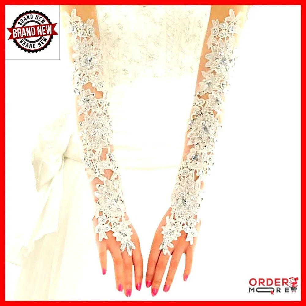 Long Elbow Length Fingerless Lace Gloves Rhinestone Wedding Party Prom